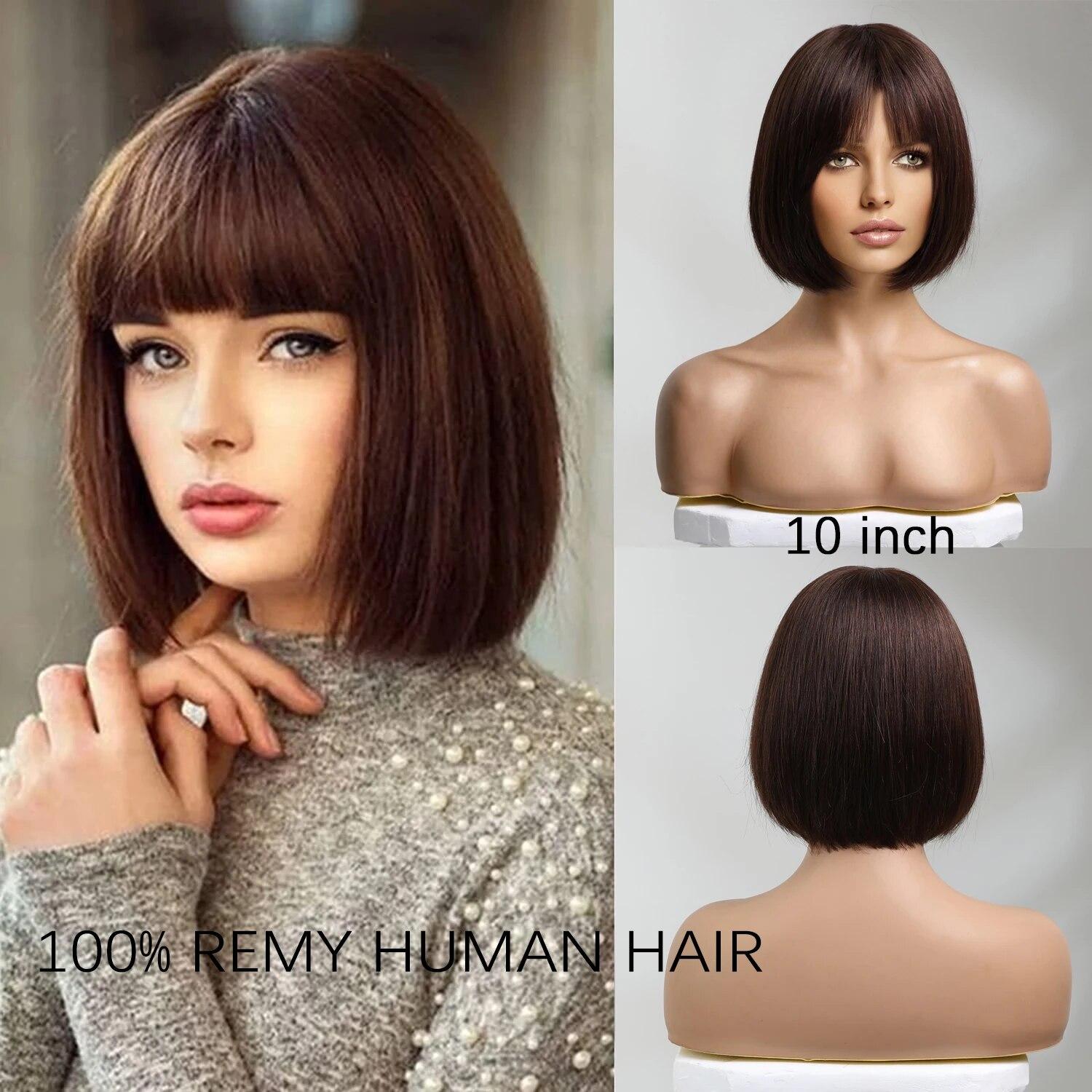 HAIRCUBE Glatte Bob-Echthaarperücken mit Pony, dunkelbraun, kurze Bob-Perücken für Damen, Remy-Haar, maschinell hergestellte Perücken, hitzebeständig
