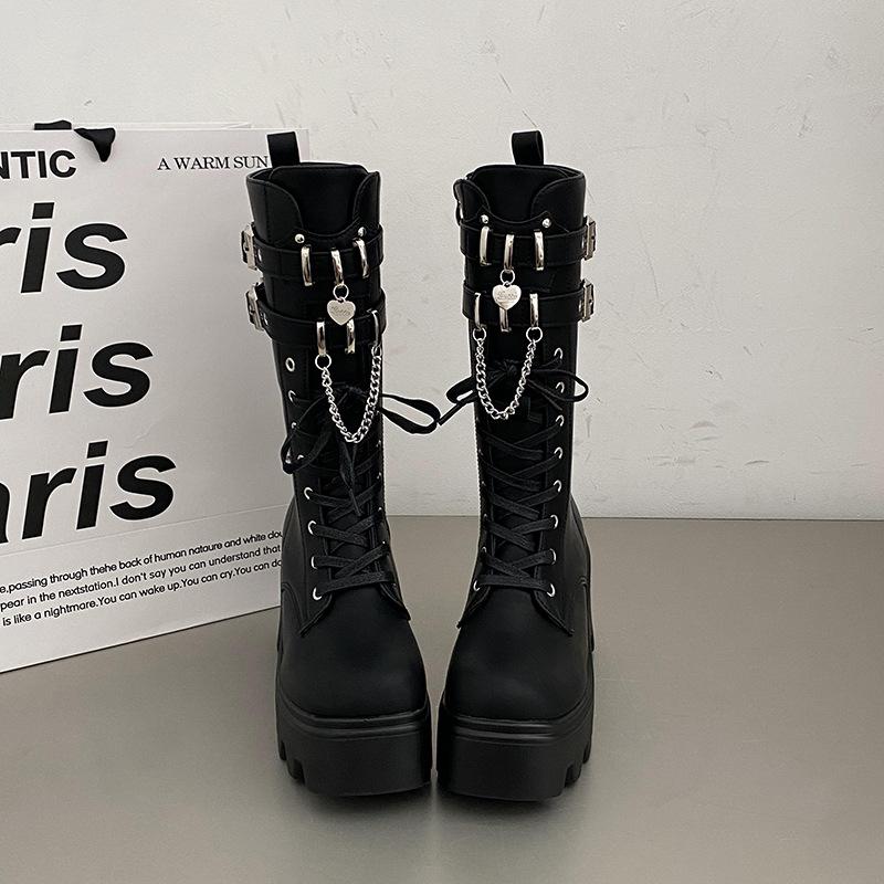 Mode Damen Punk Gothic Stiefel 2025 Mode Schnalle Kette Hohe Absätze Mid Calf Stiefel Damen Schwarz PU Leder Übergröße 42 Herbst Botas 42 schwarz