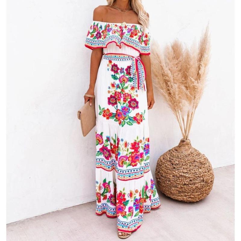 Böhmische Kleider mit U-Ausschnitt Damen Blumenmuster Taille Elegant Bodenlanges Kleid Retro Kleidung 2XL weiß