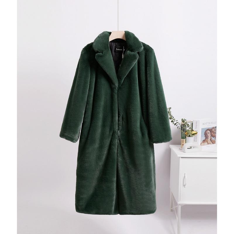 Damen Wintermantel, Mittellanger Lockerer Mantel, Damenmantel mit Fellkragen L-XL dunkelgrüne