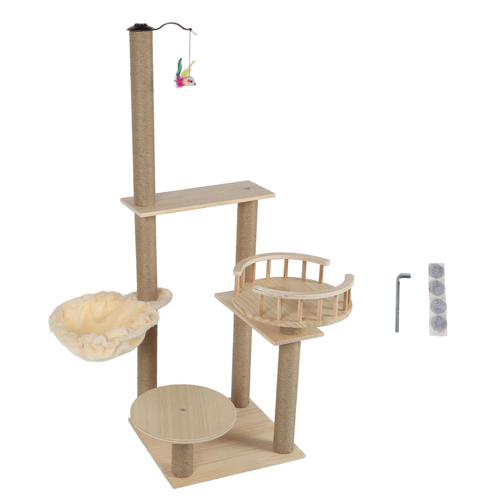 Katzenbaum, mehrstufiger Katzenkletterturm, mit Hanfkabel überzogener Kratzbaum mit Hängematte und baumelndem Spielzeug