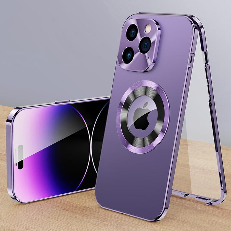 Luxuriöse magnetische Telefonhülle aus Aluminium von Aolly für iPhone 16 15 14 Plus 13 12 Pro Max. Vollständiger Linsenschutz. Metallabdeckung mit Logoloch für iPhone 15 14 Pro Max For iPhone 16 Pro Max violett