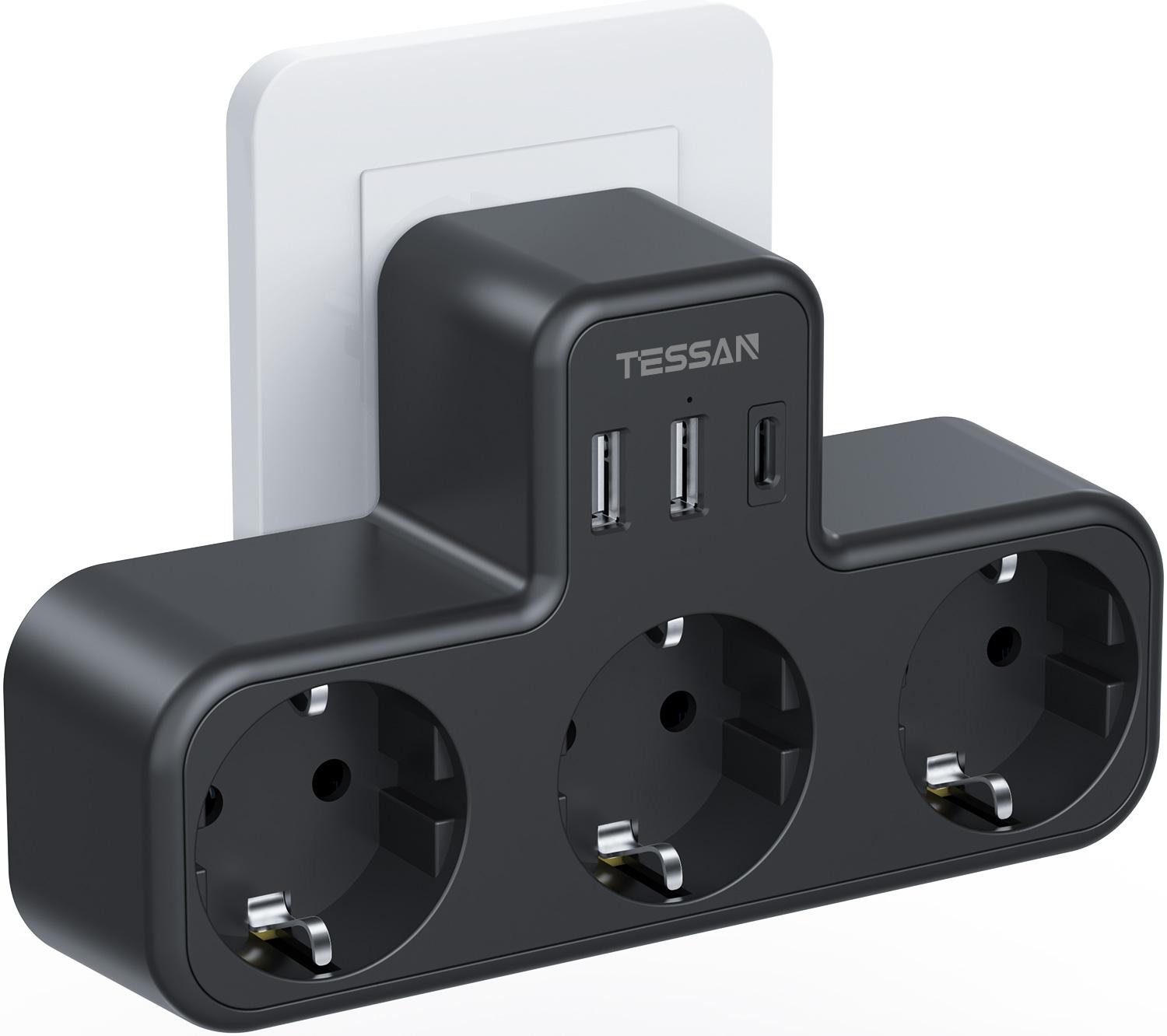 TESSAN Mehrfachsteckdose mit 3 AC-Steckdosen und 3 USB-Anschlüssen, 6-in-1-USB-Adapter mit Überlastungsschutz für Smartphone, Tablet 3 Outlets 2 USB 1 Type C schwarz