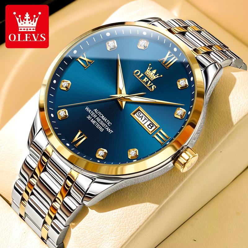 OLEVS Neue Markenuhren Dual Calendar Vollautomatische mechanische Business-Trends Herrenuhren Herrenuhren blue