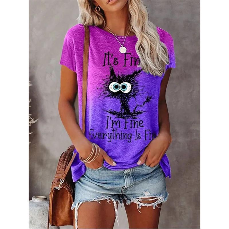 Damen 3D Tier Buchstaben Print Lässige Lockere Rundhals T-Shirts M violett