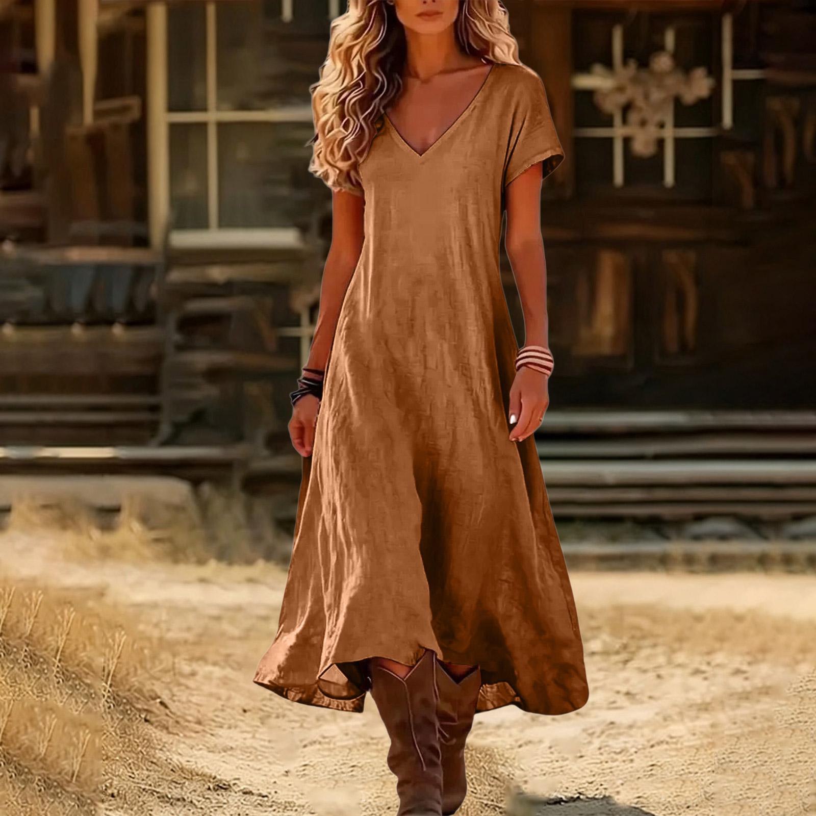 Boho-Kleider für Damen 2026 V-Ausschnitt Kurzarm-Sonnenkleider für Damen Sommerkleider für Damen Lässiger Lockerer Schnitt XXXL