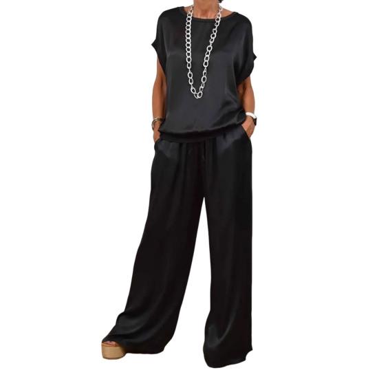 2-teiliges Set mit Oberteil und Hose aus Satin für Damen, Rundhalsausschnitt, Halbarm, Bluse, weites Bein, Hose mit elastischer Taille und Taschen, lockeres Outfit für die tägliche Freizeit XL schwarz