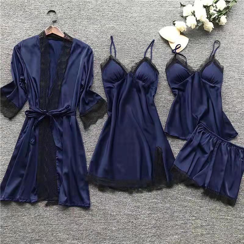 Pyjama-Set für Damen, Cami-Shorts, Nachthemden, Pyjama-Set aus Satinstoff, atmungsaktives Pyjama-Set mit Bademänteln, 5-teiliges Pyjama-Set, Nachtwäsche, Loungewear-Nachthemden S