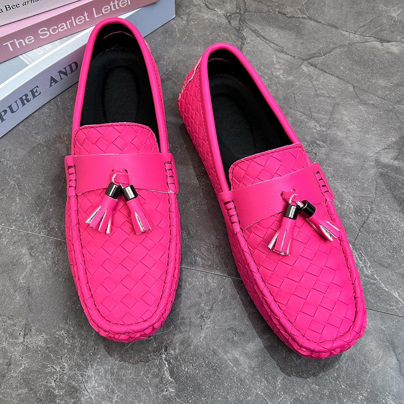 Rosa Quasten Slipper Herrenmode Luxus Designer Schuhe Leichte Flache Schuhe Mann Slipper Atmungsaktive Herren Leder Mokassins 44 rot