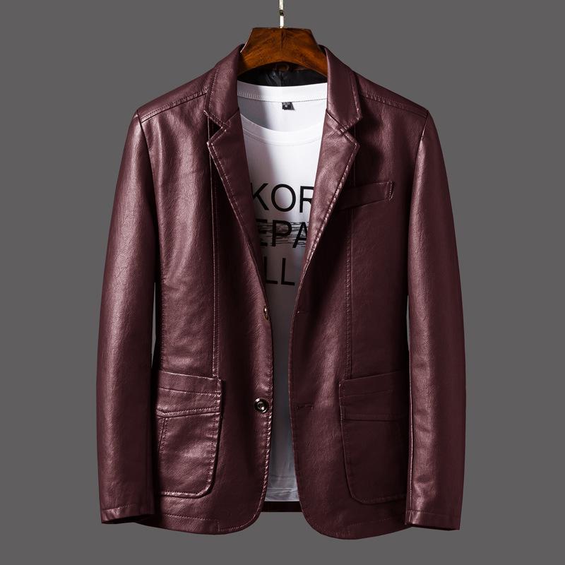 Herren Lederjacken Revers Business Lederjacken Männer Pu Blazer Koreanischer Stil Slim Fashion Ledermantel XXXXXL wein rot