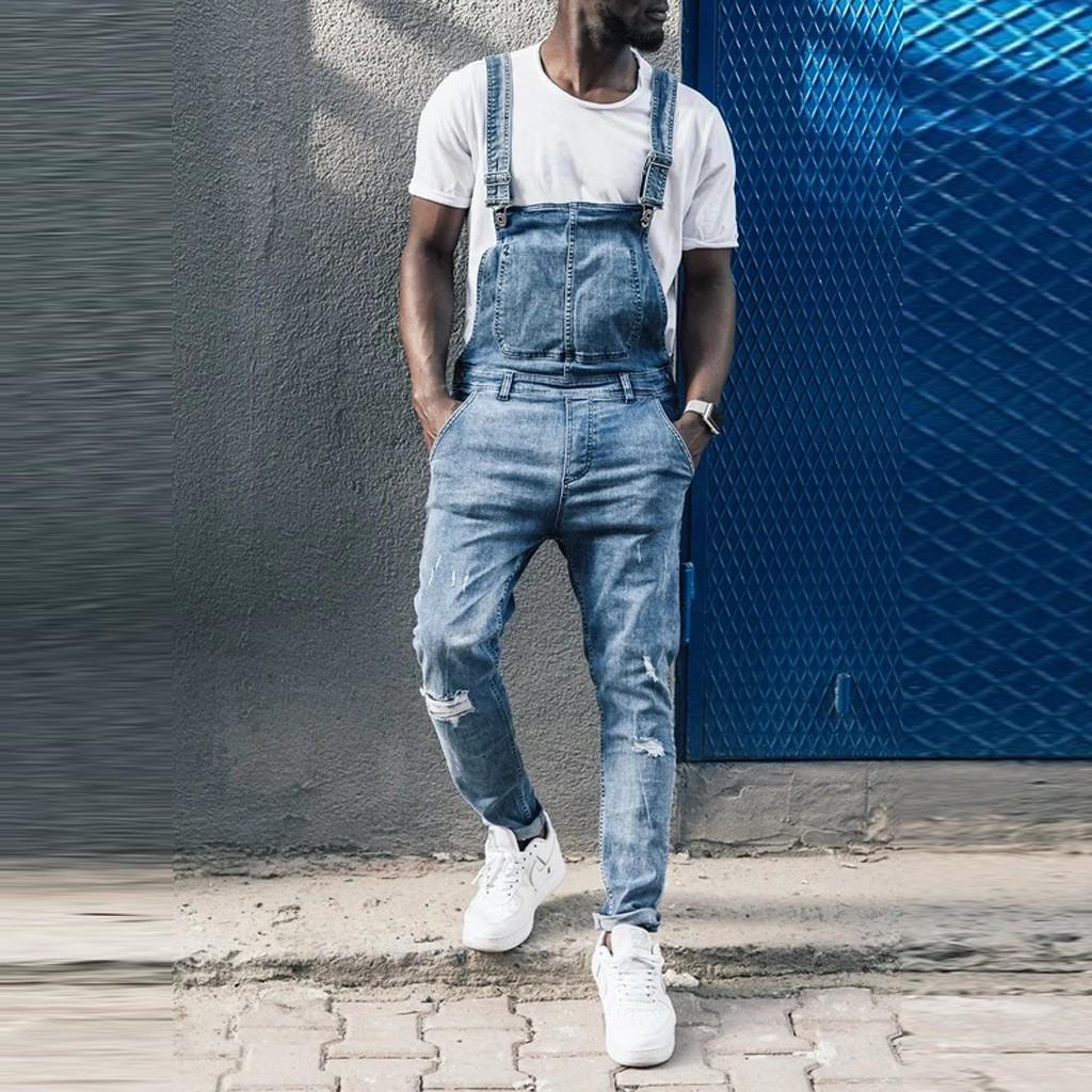 Herren-Jeans-Overall mit Tasche, Overall, Streetwear-Overall, Hosenträgerhose M blau