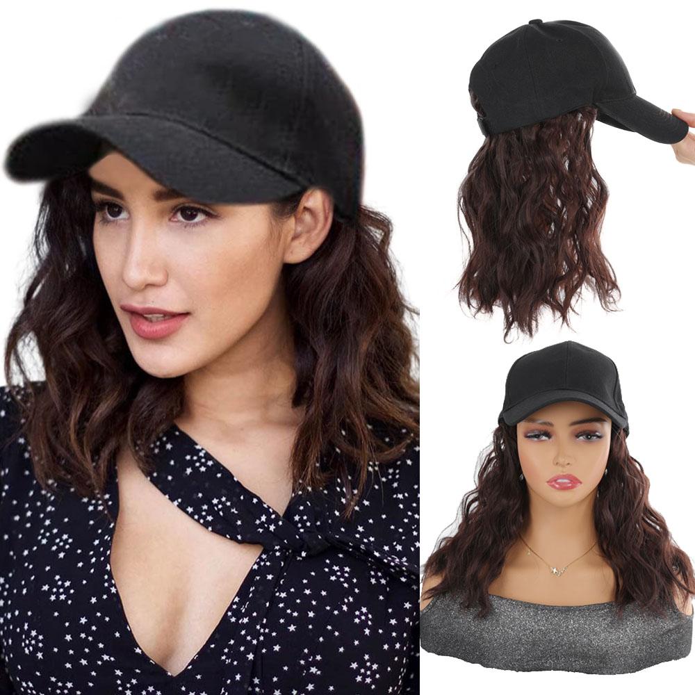 Baseballkappen-Perücke, 18 Zoll, verstellbares schwarzes Hutband, gewellte, lockige synthetische Bob-Haarverlängerungen für Frauen und Mädchen beige