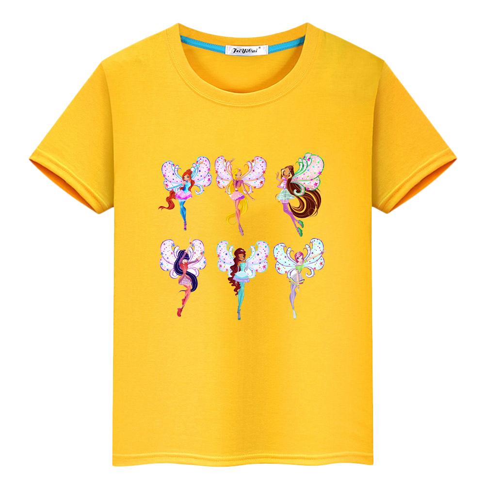 Winx Cartoon 100% Baumwolle Print T-Shirt für Kinder Jungen 10 Jahre Winx Anime Kurze süße Tops Mädchen Kleidung Y2k Stolz T-Shirt Babykleidung 120 gelb