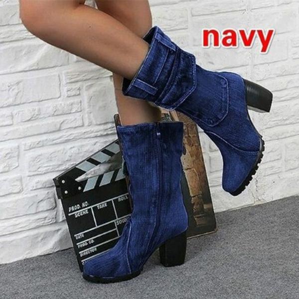 Frauen Denim Stiefel Seitlichem Reißverschluss Cowboy Stiefel Damen Chunky High Heel Mitte Wade Stiefel Weibliche Casual Herbst Winter Stiefel zapatos De Mujer 42 dunkelblau