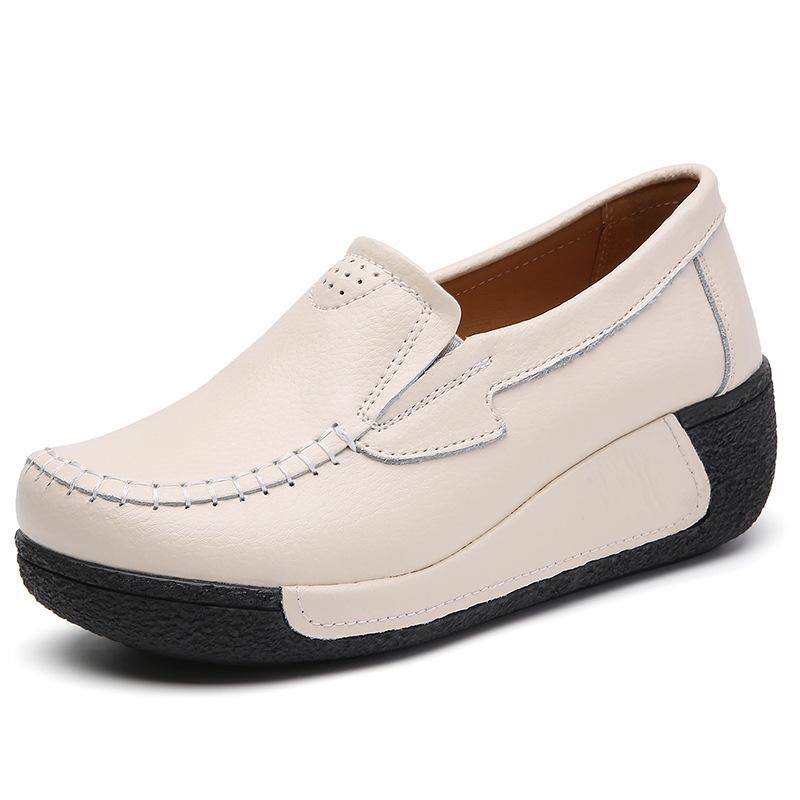 Echtes Leder Damen Schuhe Erhöhte Slipper Loafer Rutschfest Bequeme Freizeit Schuhe für Damen Mode Walking Plateau Schuhe 35 beige