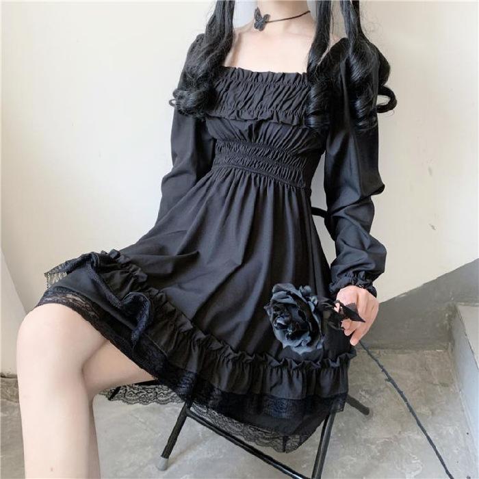 Emo y2k Kleid Damen Gothic Kleid Lolita Dunkles Kleid Schwarz Lose Spitze Französischer Quadratkragen Schwarzes Kleid Langarmkleid XXL schwarz