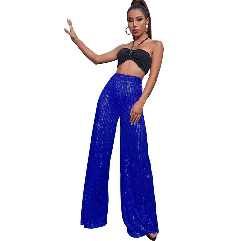 GMXIA Damen High-Waist Mode Casual Hose Pailletten Locker Baggy Weitbein Hose Sommer Damen XXXL blau