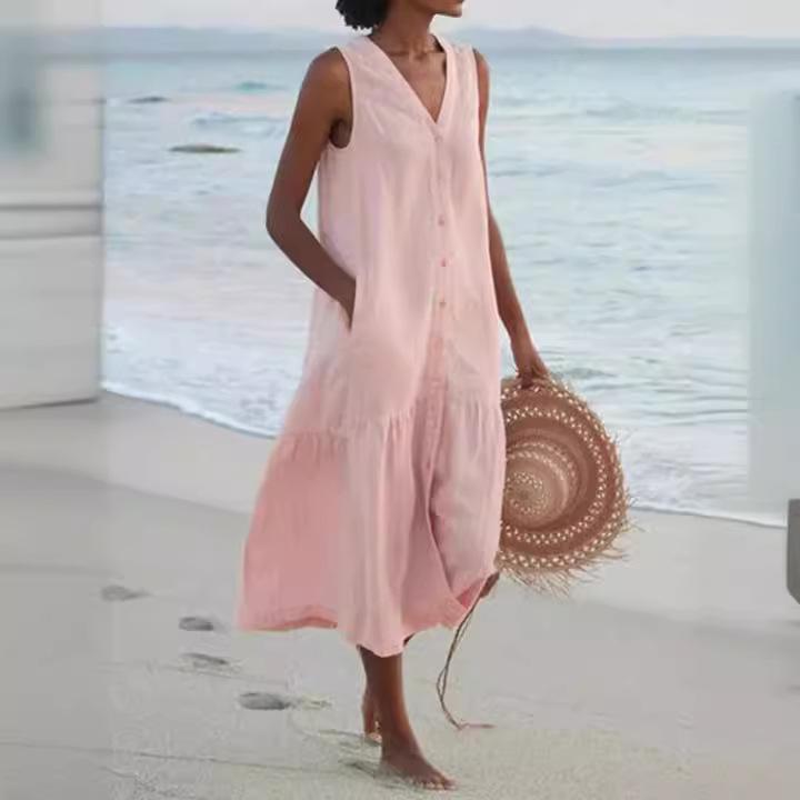 Sommer Baumwolle Leinen Locker Lässig Patchwork Taschen Kleid V-Ausschnitt Strandstil Kleid Ärmellos Vintage Einfarbig Damen Kleid XS rosa