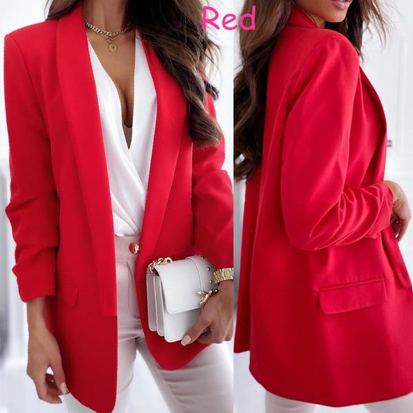 Frauen Langarm Einfarbig Anzug Blazer Casual Slim Täglichen Anzug Plus Größe S-3XL XL rot
