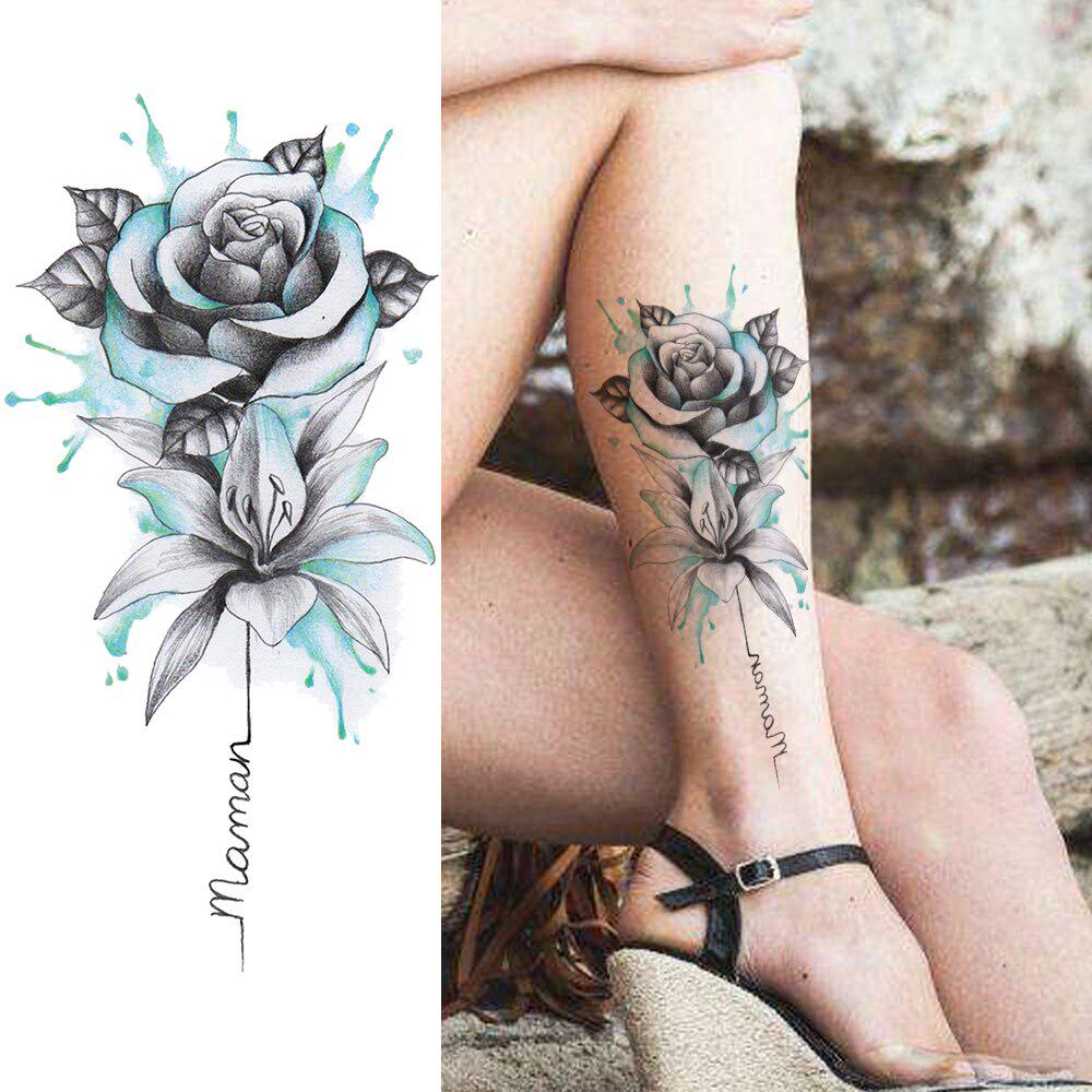 1 STÜCK Damenmode Blume Temporäre Tattoos Aufkleber Gefälschte Rose Feder Tatoos Aufkleber Wasserdichte Körperkunst Beine Arm Tatoos Für Frauen
