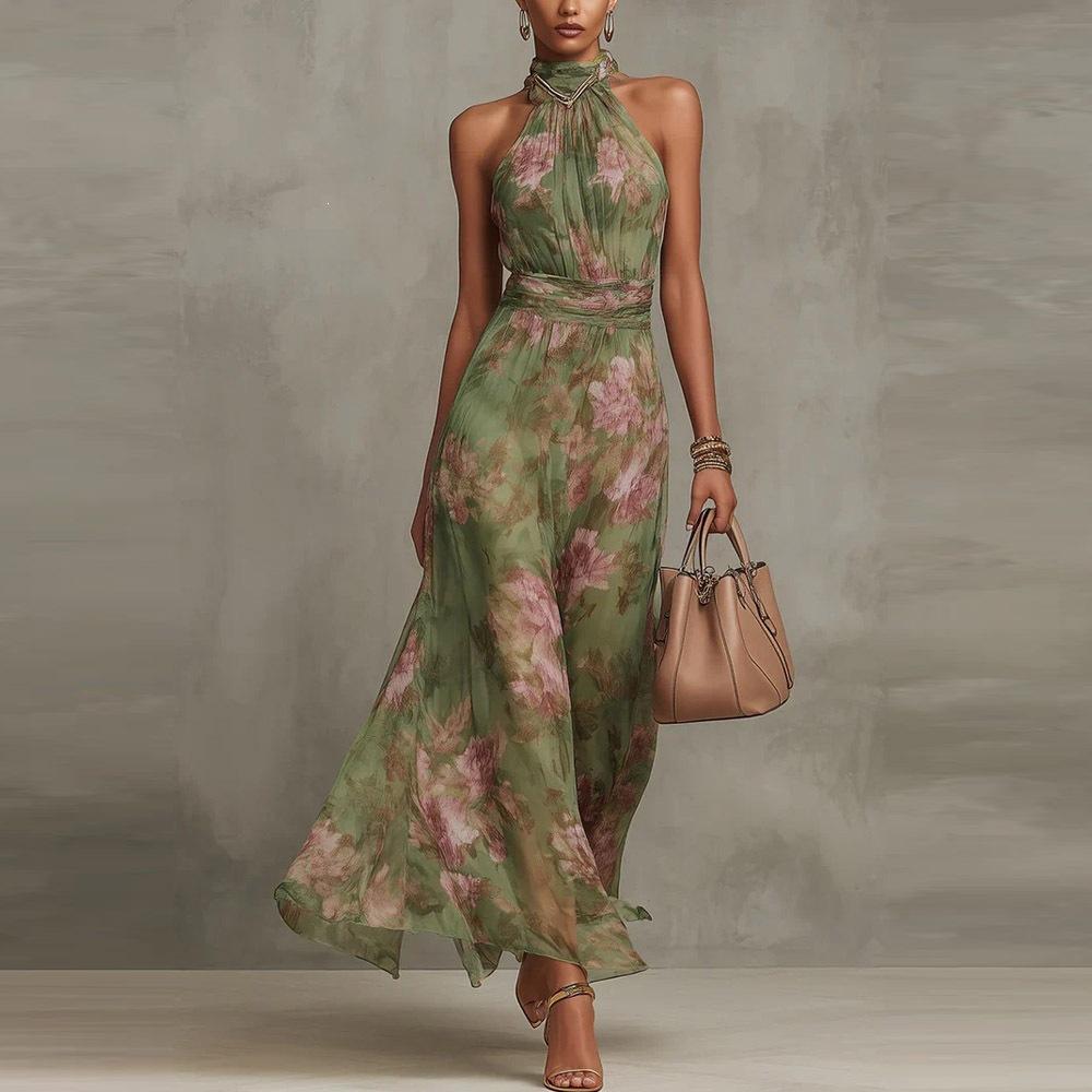 Damen Halter Hals Floral Print Chiffon Maxikleid, Ärmellos Gürtel A-Linie Fließend Boho Ärmellos Sommer Strandkleid 3XL grün