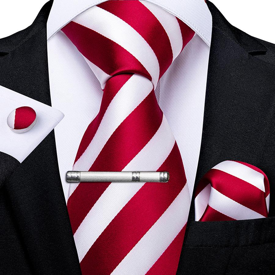 Klassisches Set aus rot gestreifter Krawatte und Einstecktuch für Herren, Seidenkrawatte mit Krawattenklammer-Sets, Hochzeits- und Party-Krawatte 0242