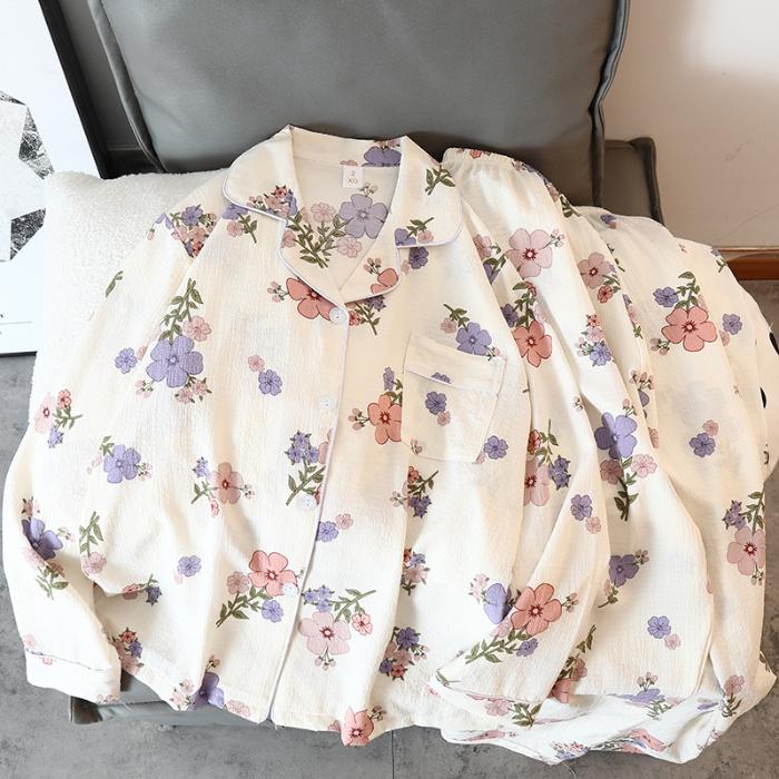 Neues süßes Kawaii-Pyjama-Set mit Blumenmuster für Damen, Pyjama, Herbst-Nachtwäsche, Loungewear, langärmeliges Oberteil und Hose, 2-teiliges Pyjama-Set M