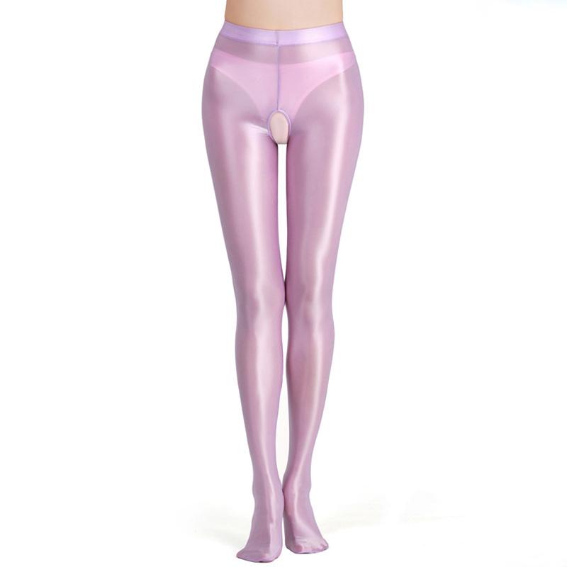 Sexy Dessous für Damen, ouvert, Strumpfhosen, glänzende, dehnbare Strumpfhosen, glänzende Strümpfe in Übergröße XL licht lila