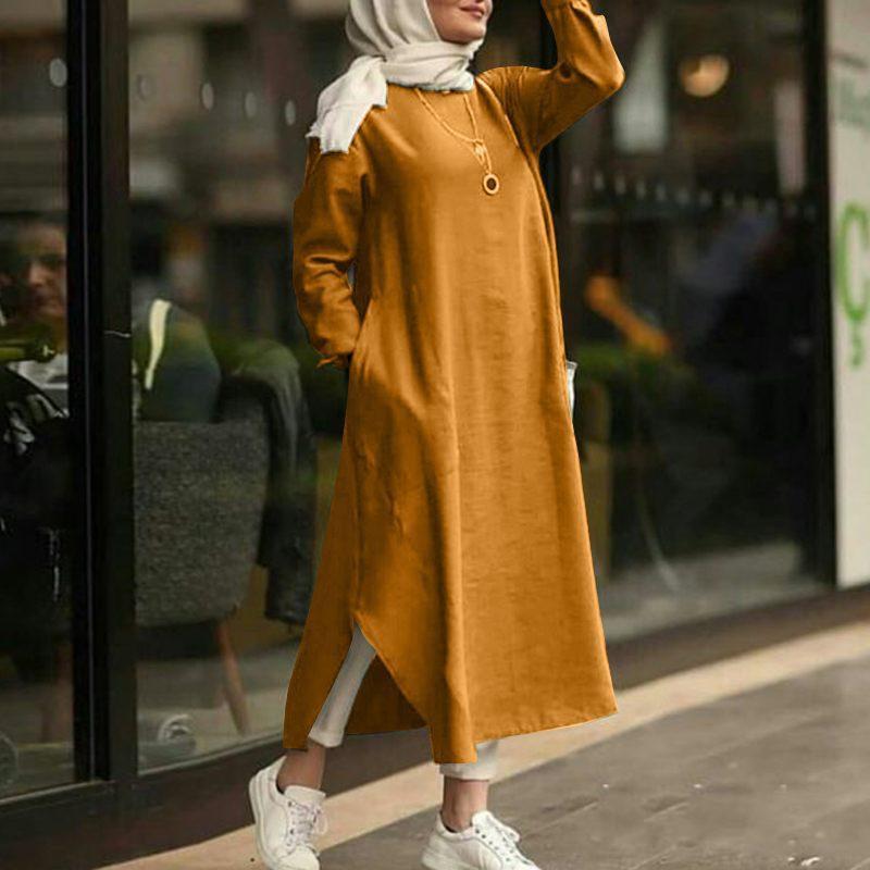 Muslimische Kleidung, Damenkleider, einfarbig, langärmeliges Hemdkleid, lässige Taschenrobe, Musulman Dubai, muslimischer Kaftan, muslimische Kleider, Übergröße L-5XL 4XL brown