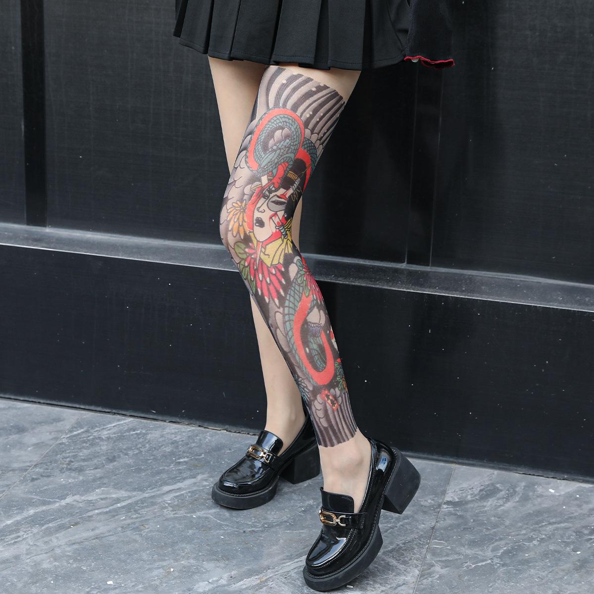 Gotischer Stil Ausgefallene Damen Einseitig Tattoo-Bedruckte Durchsichtige Enge Tattoo-Socken Ein Ganzbein-Tattoo-Bedruckte Strumpfhosen Floral Drachen Schädel One Size black