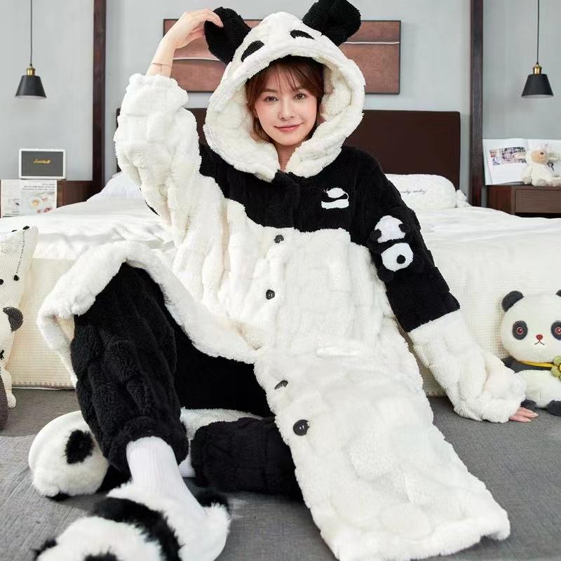 Korallensamt-Pyjama-Set für Damen, süßer und niedlicher langer Pyjama-Set für den Winter, Homewear, Pyjama mit Kapuze M