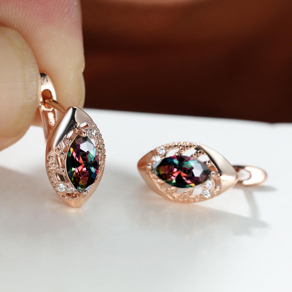 Roségoldfarbene Marquise-Schliff-Ohrringe, Lila, Rosa, Blau, Aqua-Kristall, Hakenohrringe, Geburtsstein-CZ-Tropfen-Ohrringe, hohle Blatt-Ohrringe bunt