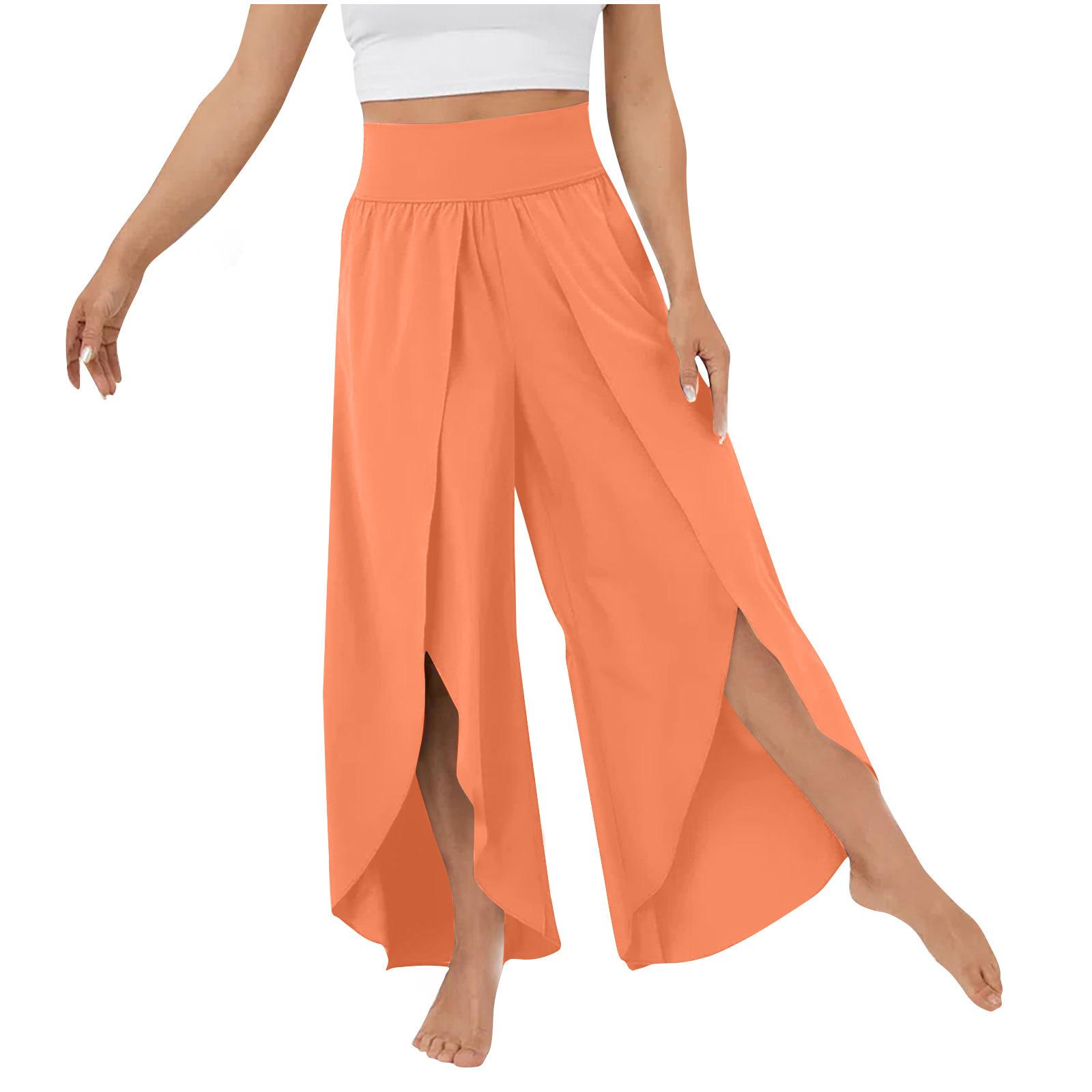 Frauen Hosen Hohe Taille Breiten Elastischen Bund Yoga Hosen Einfarbig Dünne Neunte-Länge Frauen Flowy Split Breite Bein hosen XXL orange