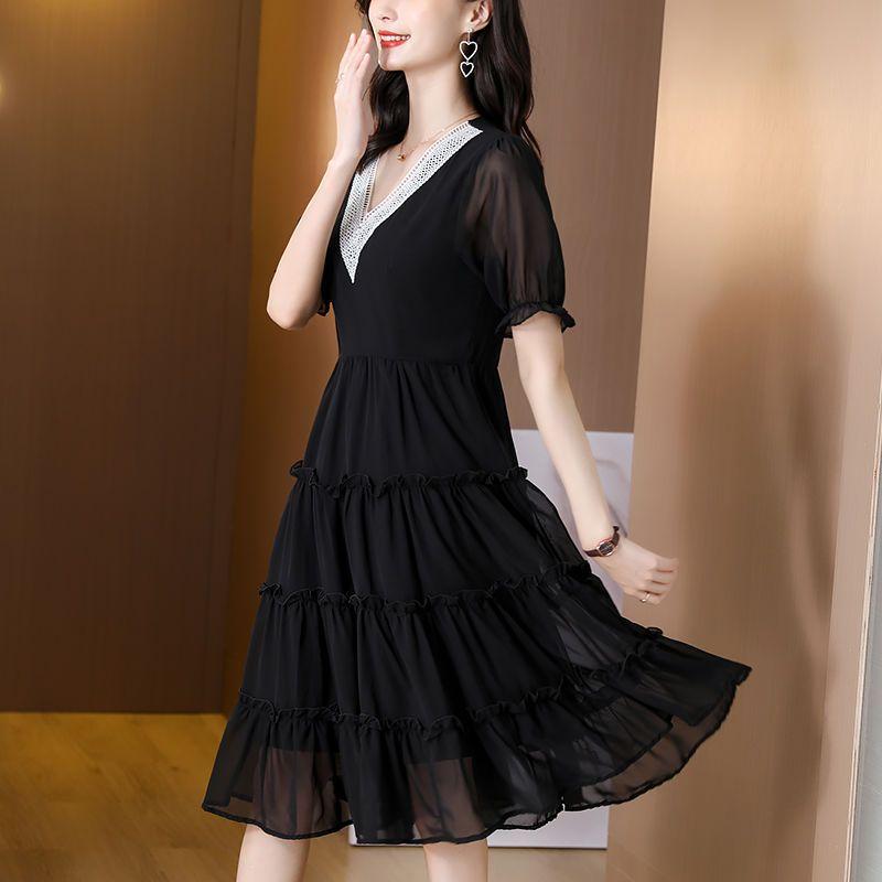 Schwarzes Kleid Damen Sommer Chiffon Kleid Große Größe V-Ausschnitt Plissee Kleid Lockeres einfarbiges A-Linien Kleid 4XL schwarz