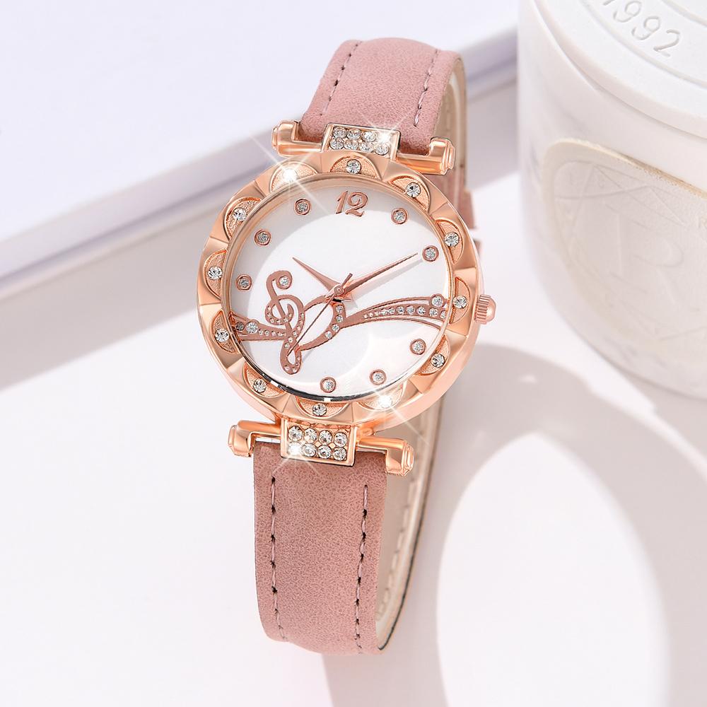Frauen Business Lederarmband Uhr Strass Quarz Armbanduhren rosa