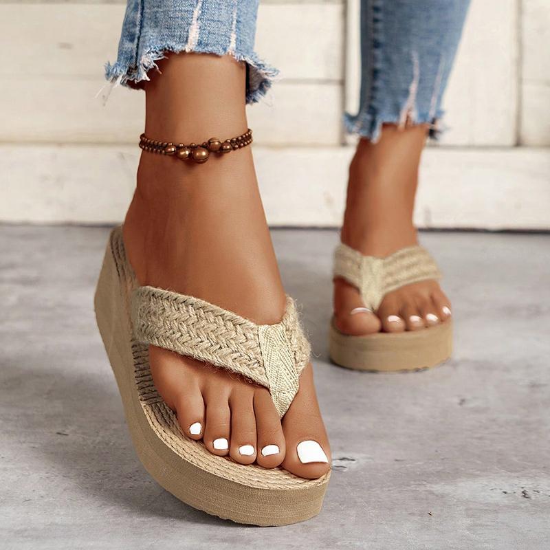 Mode Strohseilgeflecht Keil Zehensteg Sandalen Damen Leicht Dicke Sohle Strand Badeschuhe Frau 2025 Sommer Zehensteg Plateau Sandalen 40 khaki