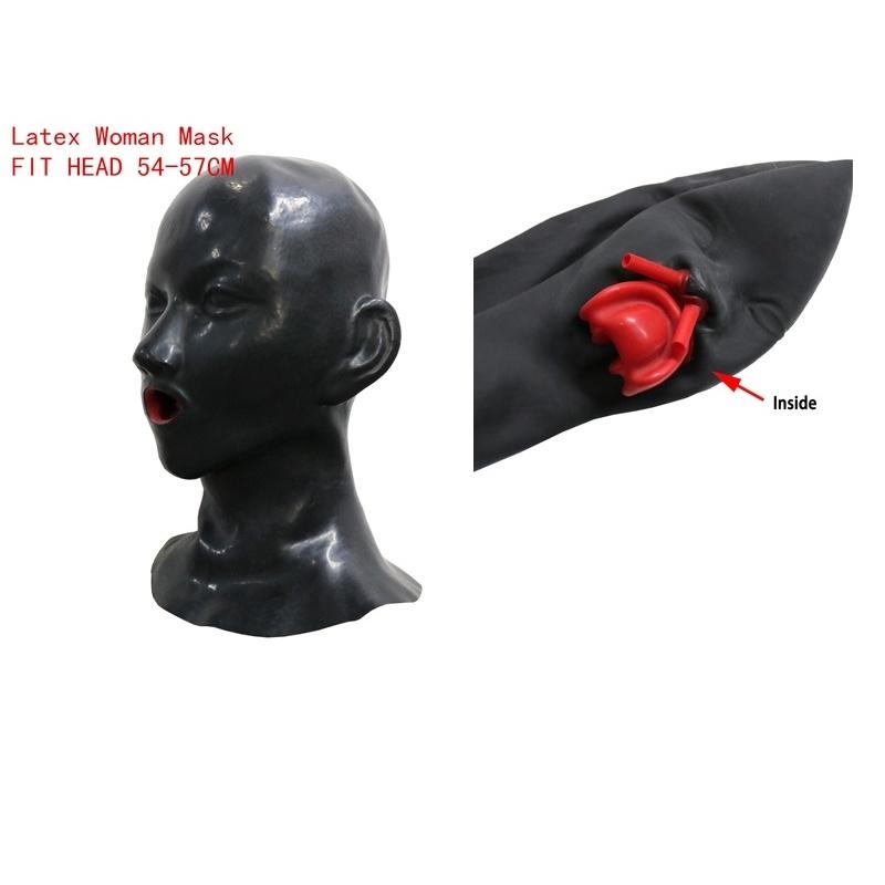 Vollkopf-Latexmaske, Fetisch, offene und geschlossene Augen, Gummi-Kopfbedeckung mit rotem Mund, Zähnen, Lippenbedeckung, Zunge, Nasenrohr, 54-57 cm close eye short tube