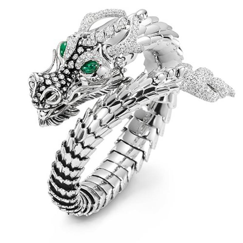 Sterling Ganzdrache Offener Ring für Herren Grüne Augen Heldenhafter Geist Drache Hyperbel Herrenringe Punk Stil Herrenschmuck resizable white
