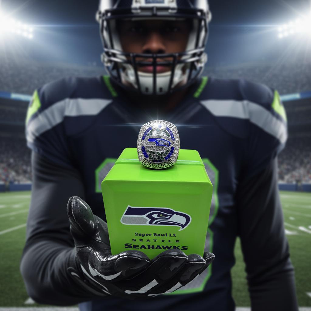Grüne Box mit Seattle Seahawks 2026 Super Bowl LX Meisterring ring with box&11 silber