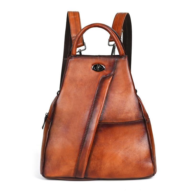 Johnature Retro Echtes Leder Frauen Rucksack Reisetasche Freizeit Große Kapazität Rindsleder Einfarbig Rucksack braun