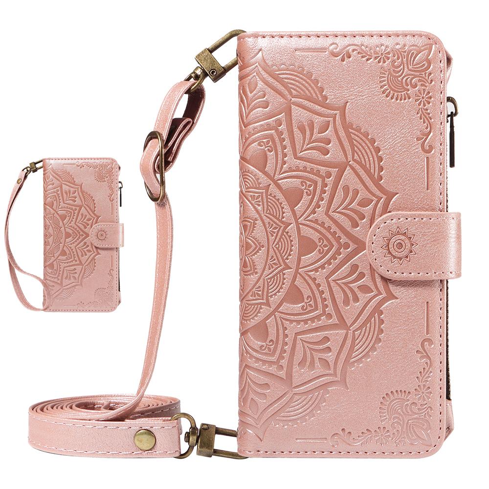 Mandala-geprägtes Leder-Portemonnaie Klapphülle für Samsung Galaxy S26 S25 S24 S23 S22 S21 S20 Ultra Plus FE Edge S10 S9 S8 S7 Galaxy S22+ 5G rose gold