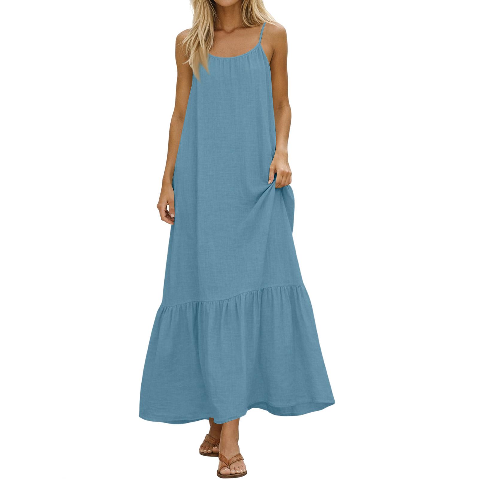 Damen Sommerkleider Spaghettiträger Rundhalsausschnitt Gerafft Rüschen Fließend Boho Maxikleid XXL