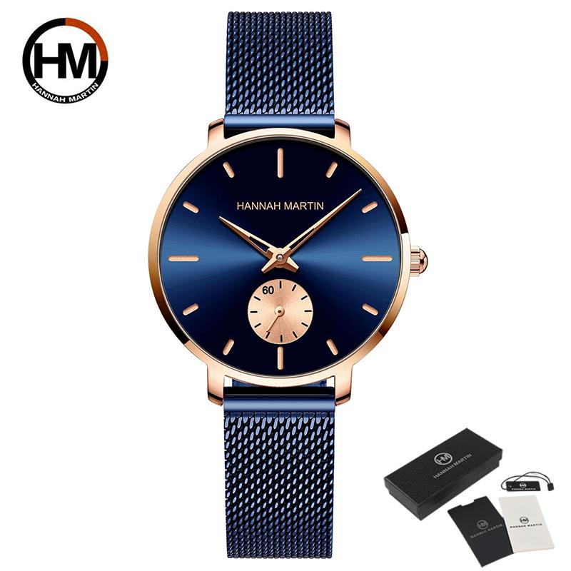 Hannah Martin Kleine Sekunde Zifferblatt Quarzwerk Mode Uhr Wasserdicht Einfache Frauen Gold Mesh Gürtel Top Marke Damen Uhren blau