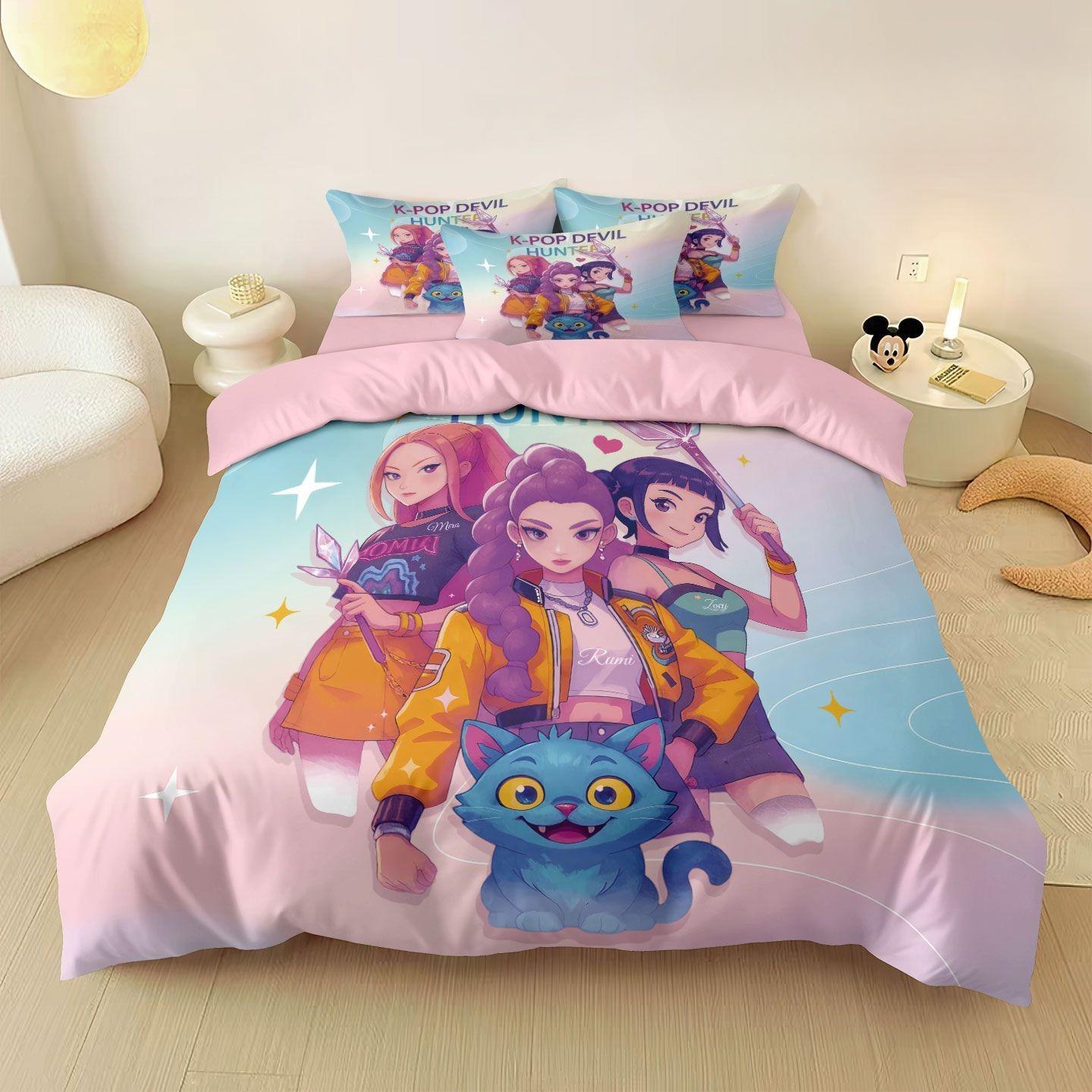 KPop Dämonenjäger Rumi Anime Zweidimensionales Vier-teiliges Set Studentenwohnheim Weiche und Bequeme Bettbezug- und Laken-Set 1.2m Bed Set of 4 gray