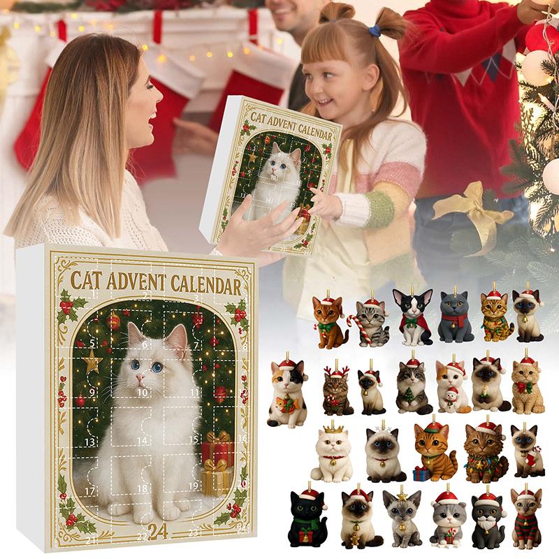 Katzenliebhaber Adventskalender 2025, Katzen-Adventskalender 2025 mit 24 Katzenfiguren, Süßes Weihnachts-Countdown-Geschenk grün