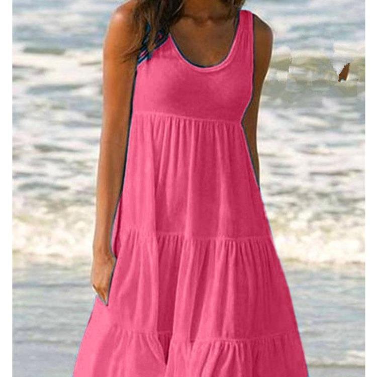 Sommer Lässiges Ärmelloses Kleid Schulterfrei Neckholder Große Größen Damen Modekleidung Locker A-Linie Baumwolle Einfarbig Rundhals Kleider XL rose rot