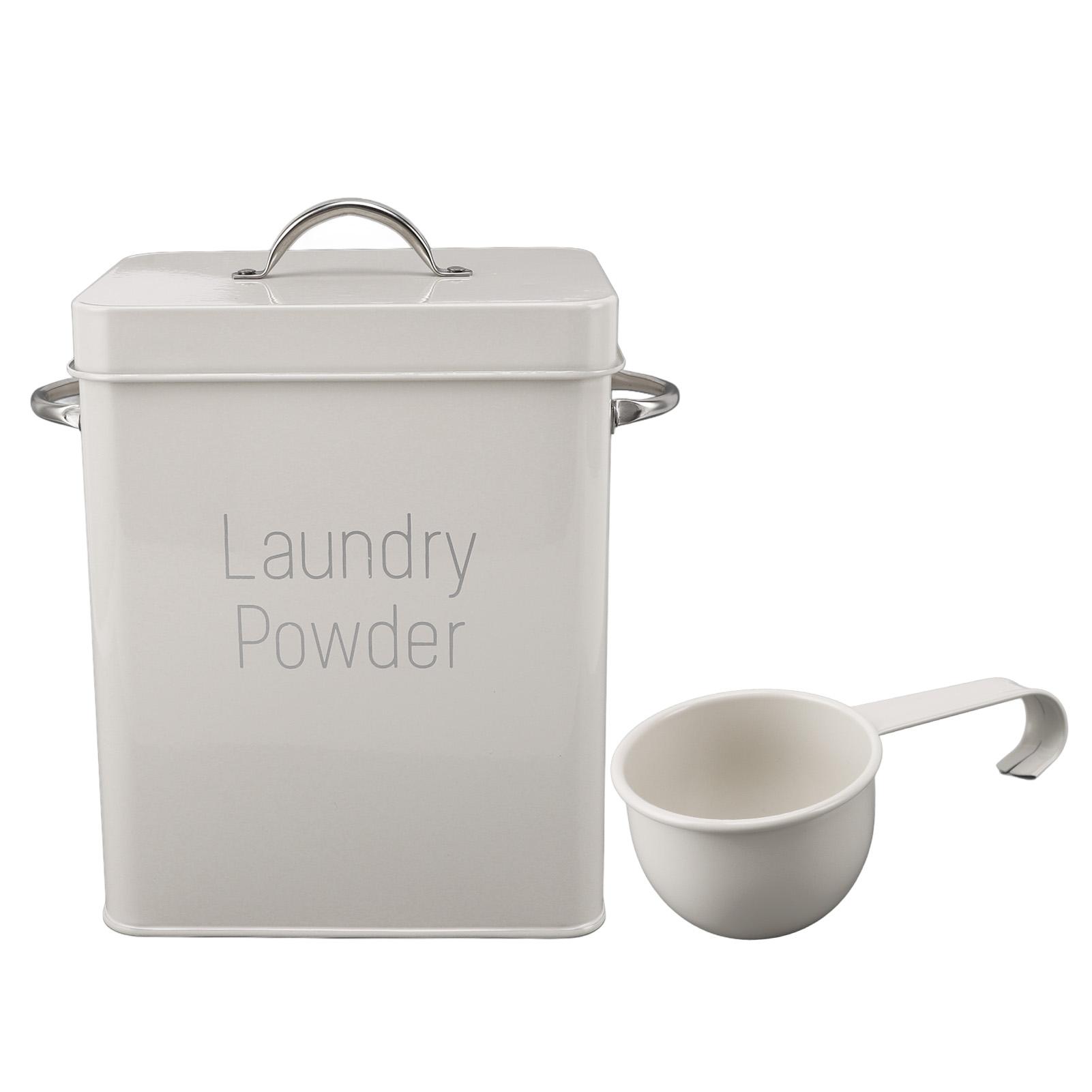 Metall-Waschraumbehälter mit zwei seitlichen Griffen und Löffeldeckel, Bauernhaus-Waschpulver weiß