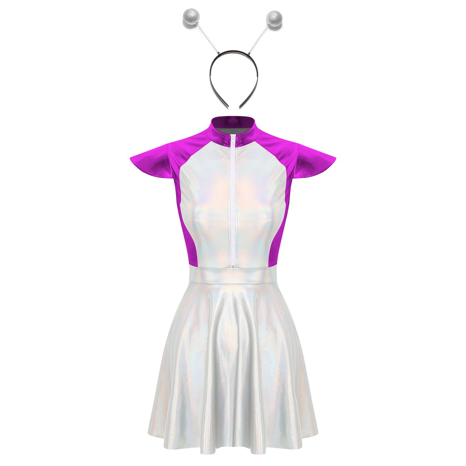 S-4XL Damen Halloween Alien Cosplay Kostüm - Outer Space Cutie Ärmelloses Glitzerkleid mit Alien-Haarreif Partykostüm S violett