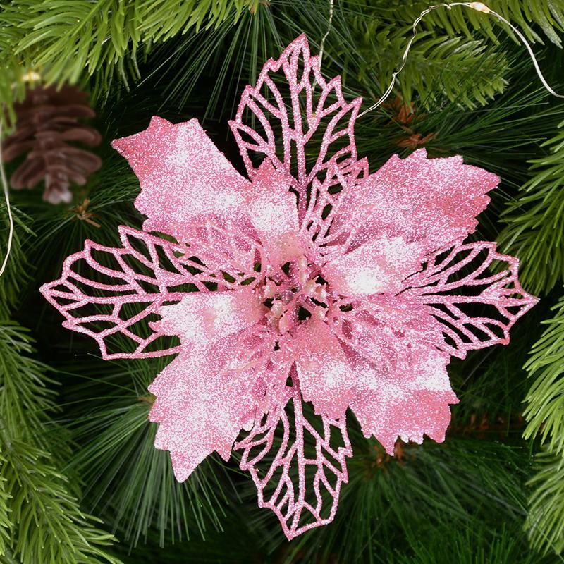 5 Stück 9-16cm Glitzer Künstliche Weihnachtsblumen Weihnachtsbaumschmuck für Zuhause Kunstblumen Weihnachtsornamente Neujahrsdeko 16cm rosa
