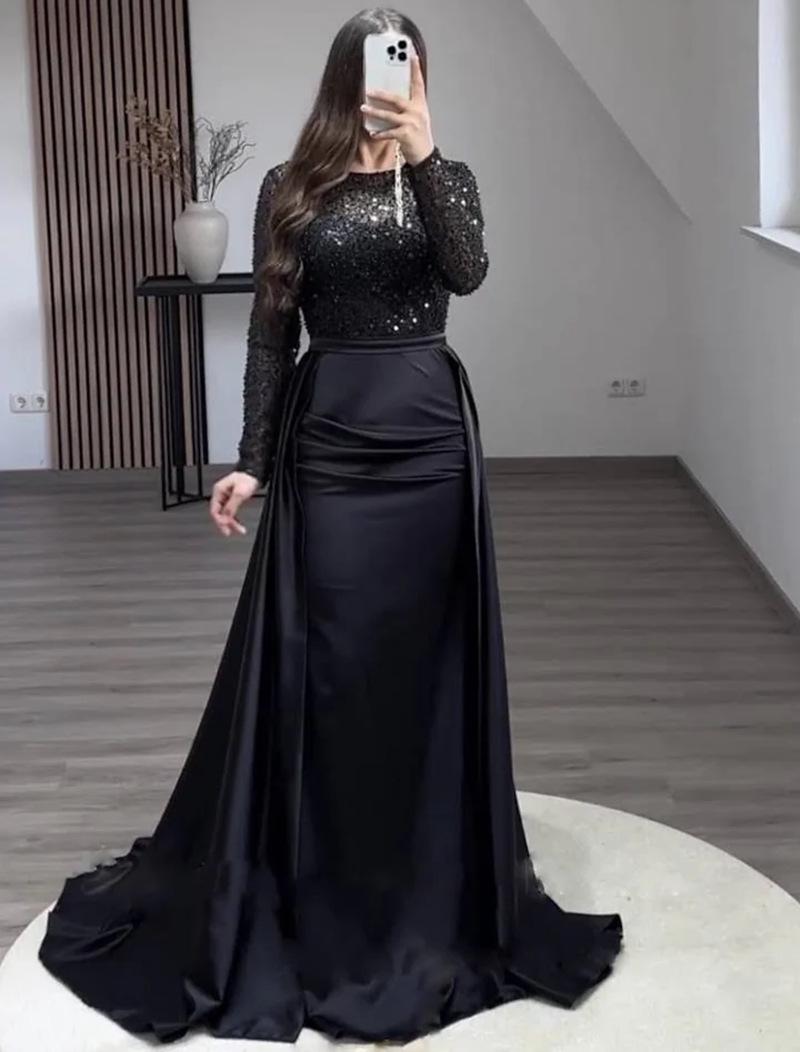 2026 Glamouröses Damen-Pailletten-Gala- und Abendkleid mit langen Ärmeln XL schwarz